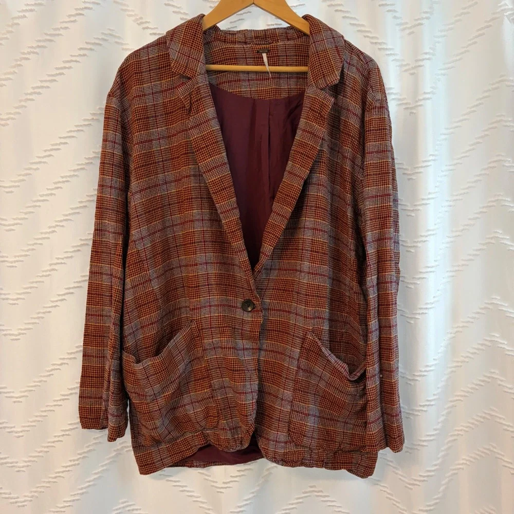 Free People Linen Blend Plaid Oversized Blazer Burgundy Mustard XL OB924115
